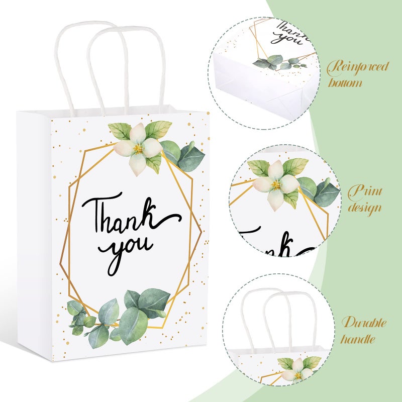 TaoBary Greenery Eucalyptus Small Thank You Bags Floral Design Paper Gift Bags with Handles Baby Shower Favor Bags Thank You Wedding Bags White Kraft Paper Bags for Birthday Party  6.3 x 3.1 x 8.7'' (48) - Image 4